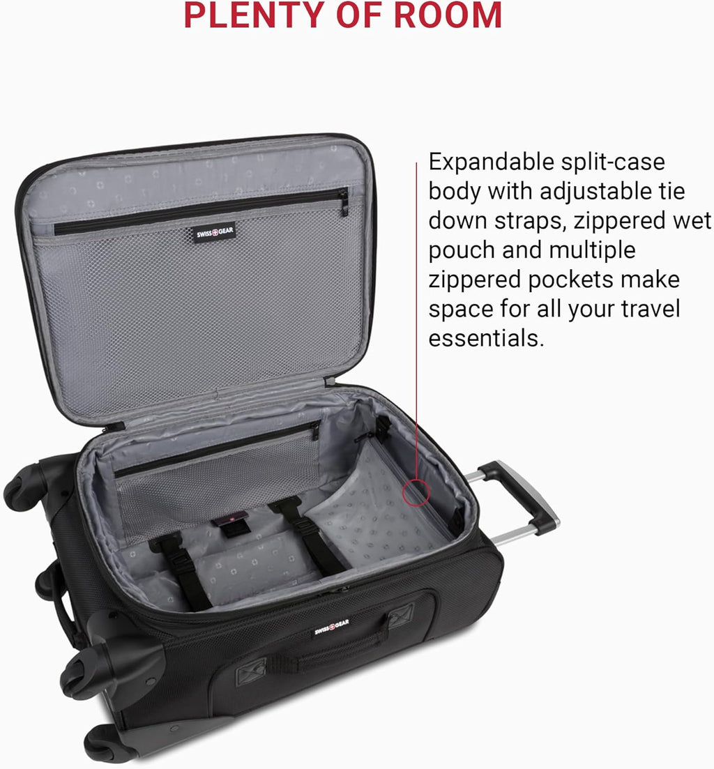 SwissGear Sion Softside Expandable Luggage – Carry-On Suitcase with 360 Degree Wheels & Retractable Handle – 21 Inch, Perfect for 1-3 Night Trips – Black