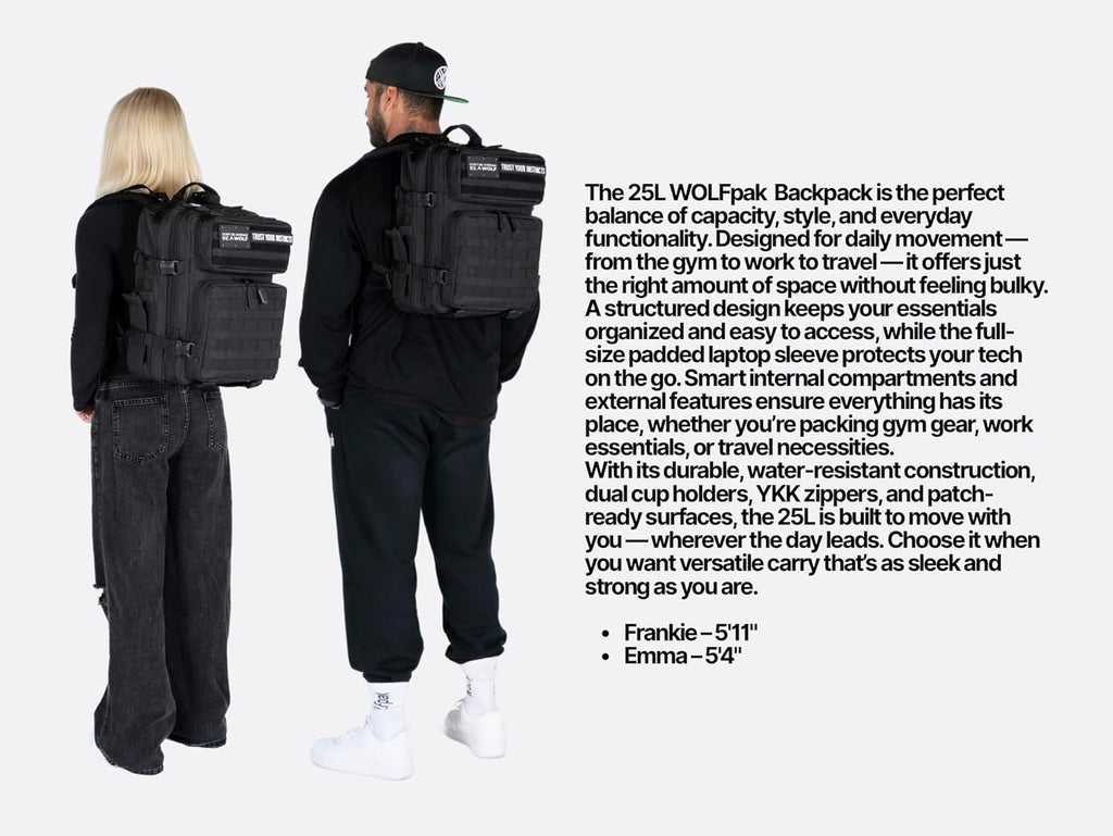 WOLFpak 25L Athletic Gym Backpack - Durable 1000D Waterproof Oxford Material with MOLLE Webbing, Laptop Pocket & Dual Cup Holders, Durable Fitness/Travel/Military Daypack (Nightshade Edition)