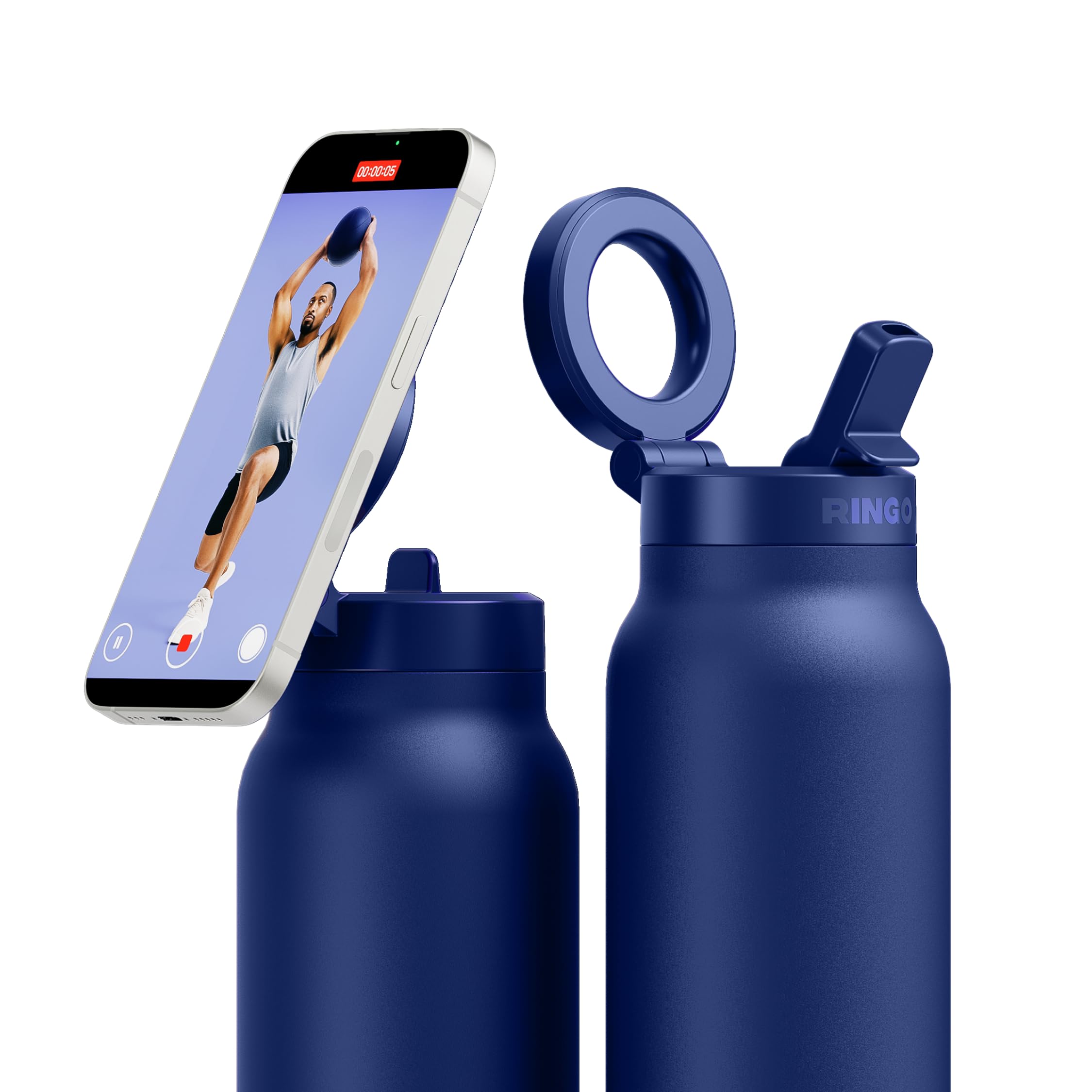 Ringo PRO Water Bottle with Magnetic Phone Mount & Sip Straw Lid - Insulated Stainless Steel Bottle for Workouts, Content Creation, Navigation & Facetime on the Go, 12Hrs Hot/24Hrs Cold Black-24oz