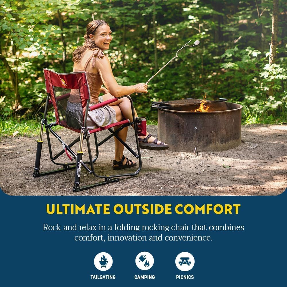 GCI Outdoor Freestyle Rocker Camping Chair | Portable Folding Rocking Chair with Solid, Durable Armrests, Drink Holder & Comfortable Backrest — Indigo Blue